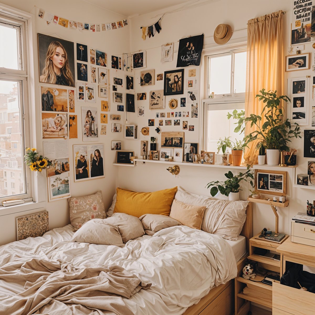 A bedroom with a bed, pillows, and a wall full of pictures. The room is decorated with a potted plant, a clock, and a vase.