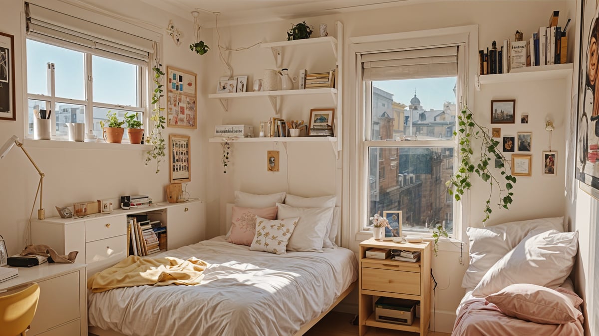 A white bed in a dorm room with bookshelves and a window. The bed is neatly made with a white comforter and pillows.