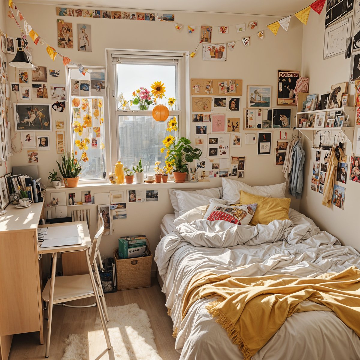 A dorm room with a bed, desk, and various decorations. The room is filled with pictures, and the bed is covered in a yellow blanket.