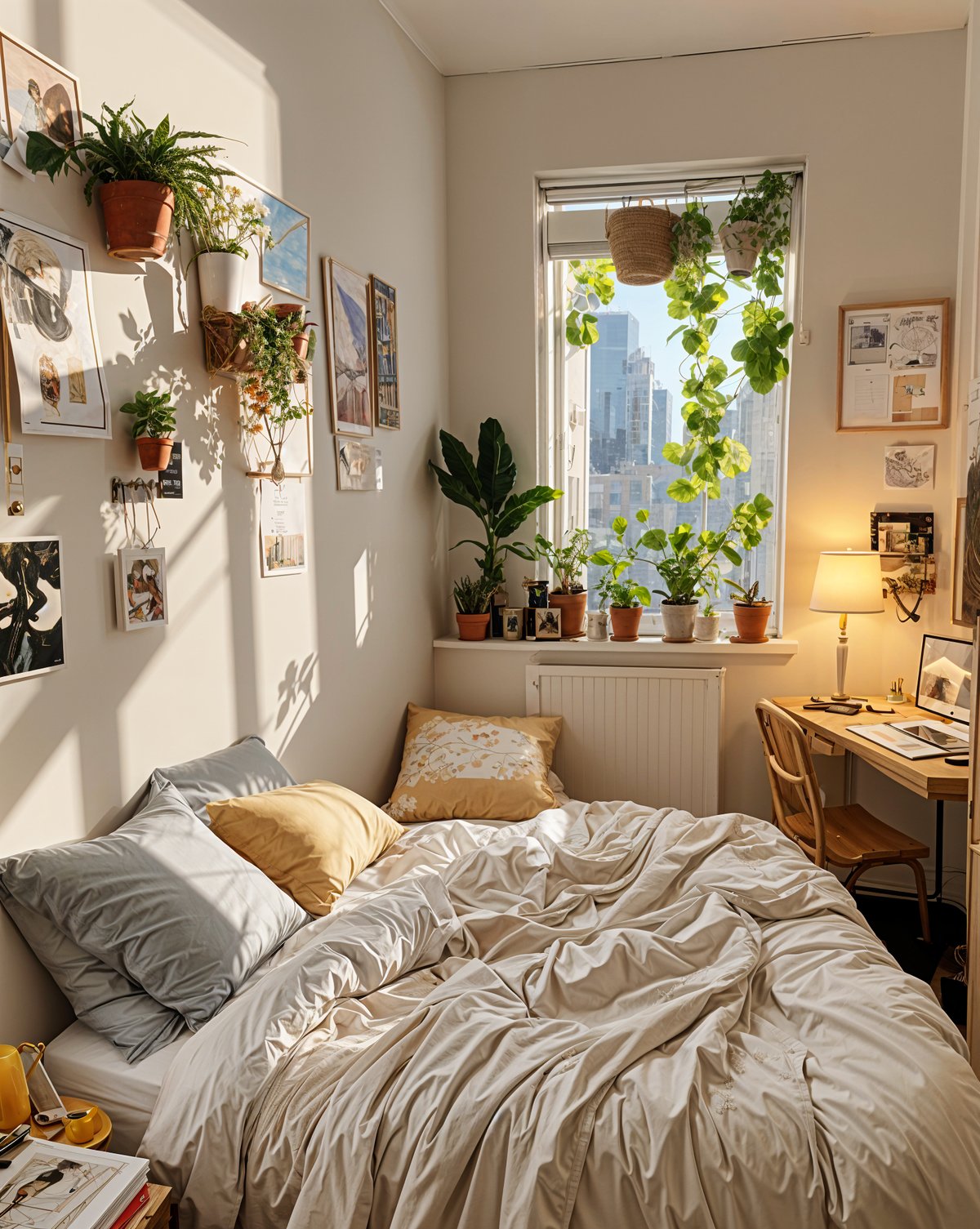 A bedroom with a bed, desk, and potted plants. The bed has a white comforter and is surrounded by potted plants. The room is bright and inviting.