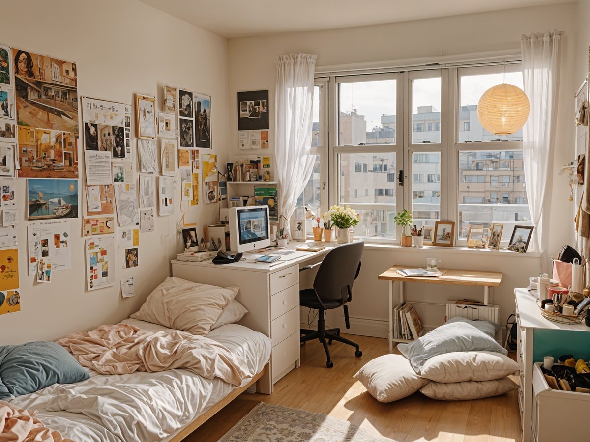 A dorm room with a bed, desk, and chair. The room is decorated with various items such as a computer, books, and potted plants.