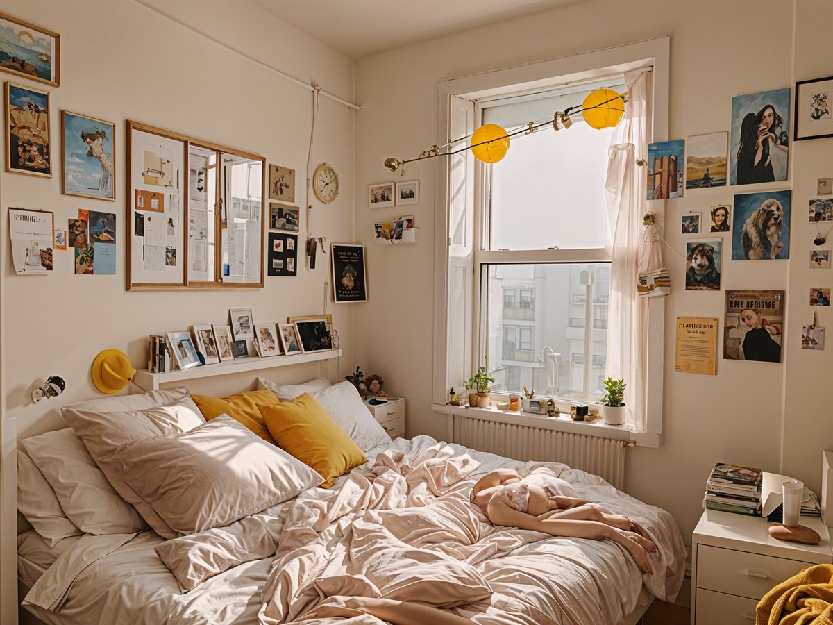 A bedroom with a messy bed and a window. The room is decorated with photos and various items.