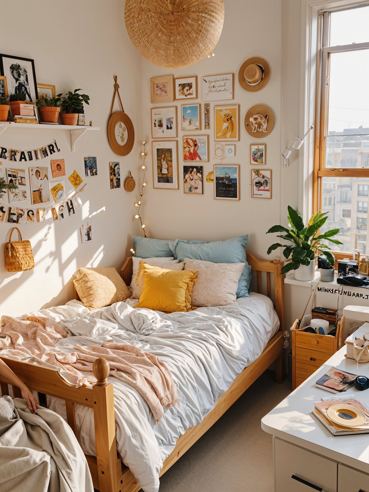 A bedroom with a bed, a window, and a collection of pictures and decorations on the wall. The bed is covered in white sheets and has a yellow pillow on it.