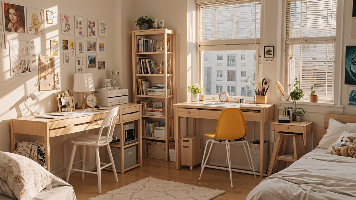 A dorm room with a desk, chair, and bookshelf. The room is filled with books and has a large window that lets in plenty of natural light.