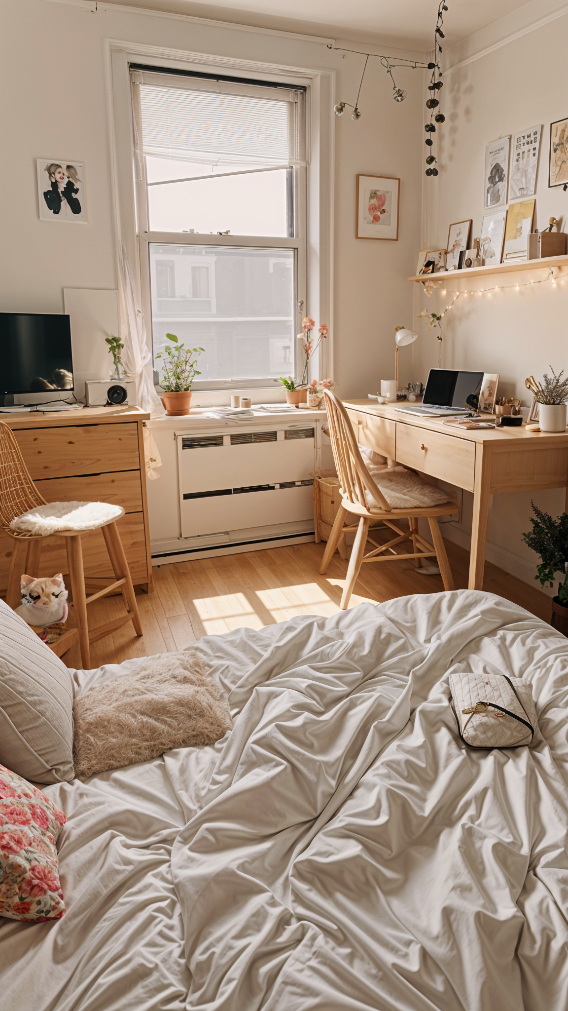 A bedroom with a bed, desk, and chairs. The room has a mix of modern and traditional design elements, creating a warm and inviting atmosphere.