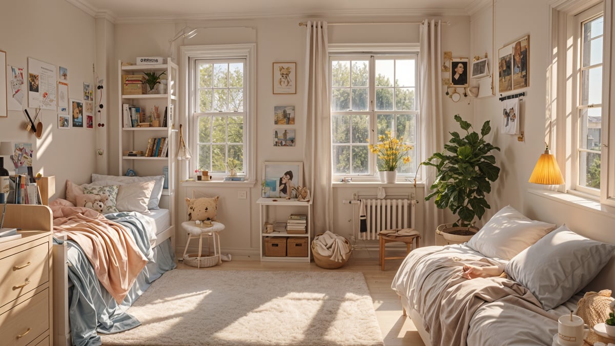 A cozy bedroom with two beds, a chair, a bookshelf, and a potted plant.