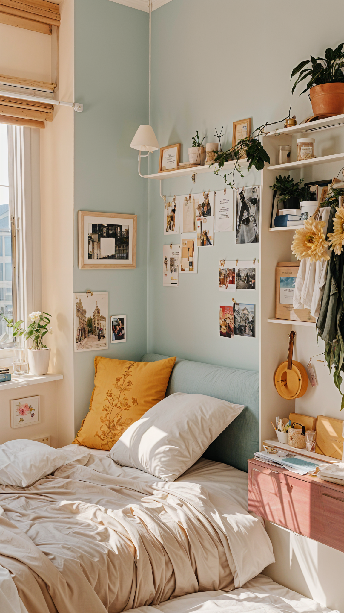 A bedroom with a blue comforter, yellow pillow, and a shelf full of pictures and decorations.