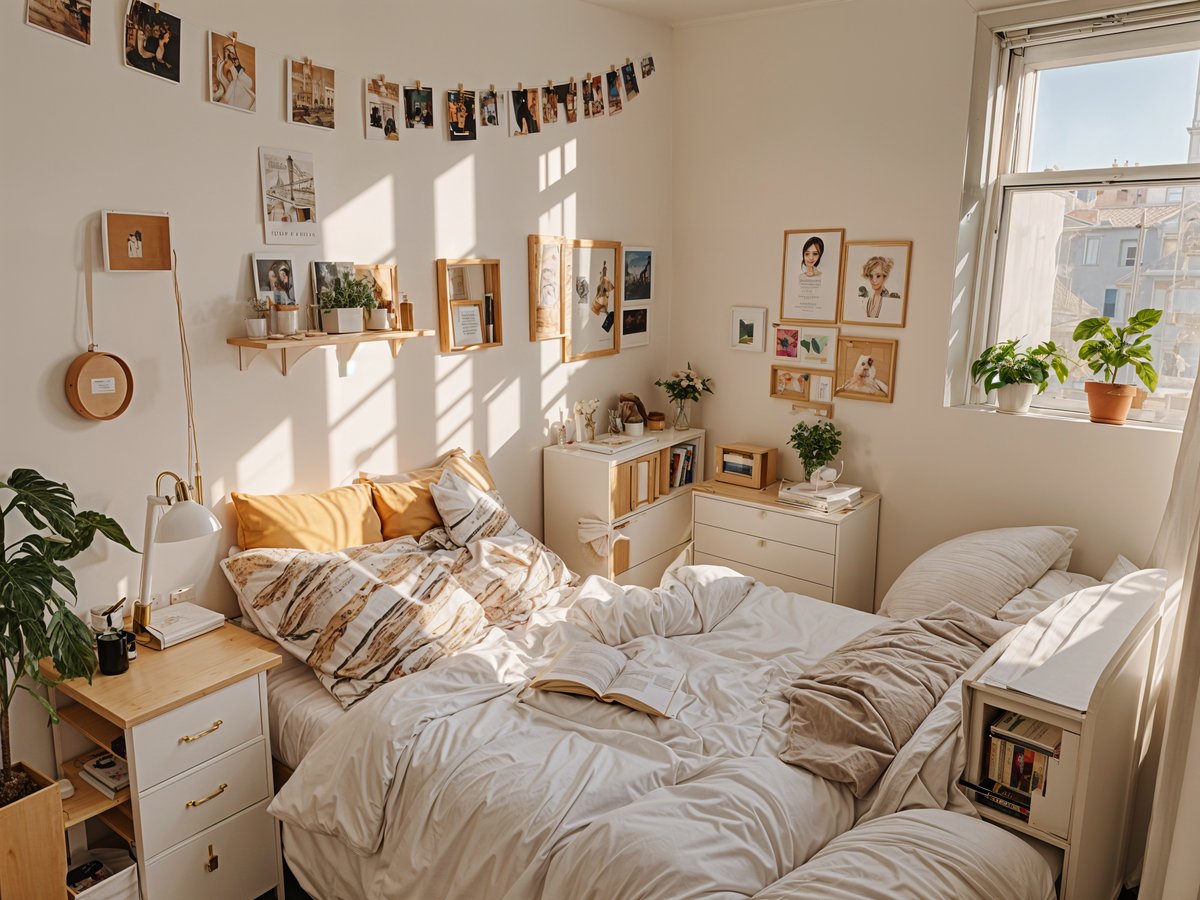 A bedroom with a bed, dresser, and pictures on the wall. The bed is covered in pillows and has a white comforter. There are also several potted plants and a book on the bed.