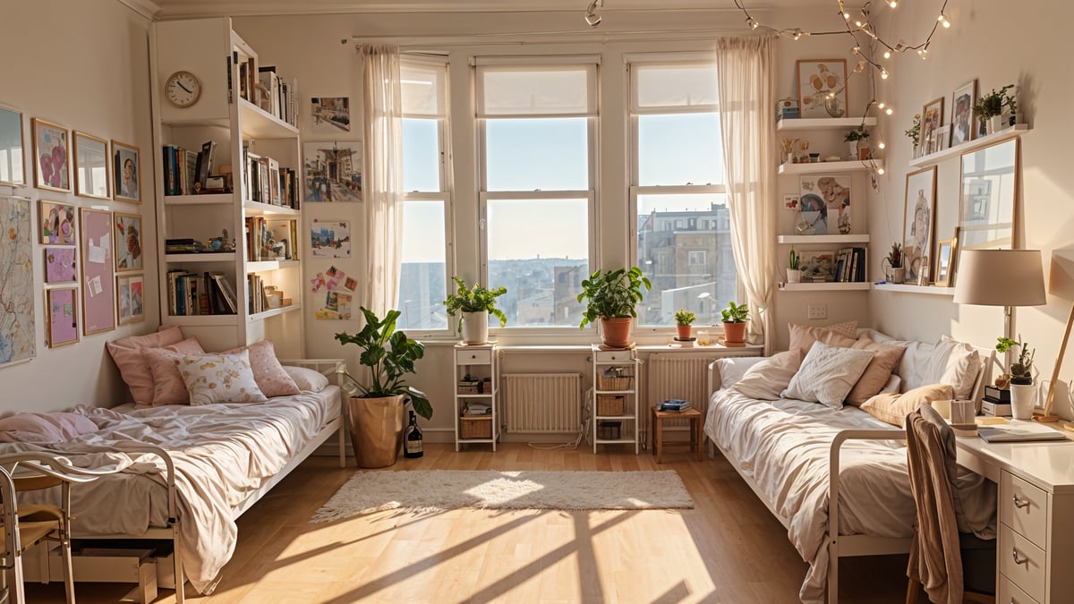 A dorm room with two beds, potted plants, and a large window overlooking the city.