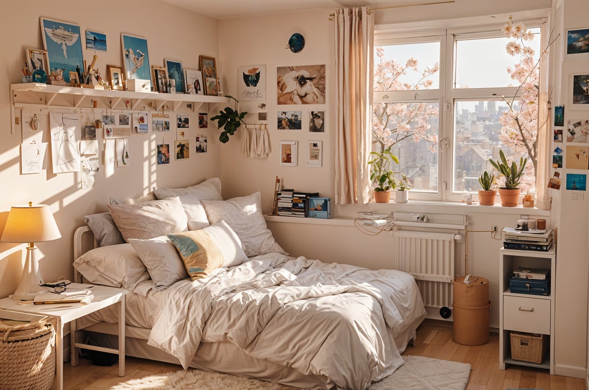 A bedroom with a large white bed, a window, and various decorations. The bed is covered in white sheets and pillows, and there are potted plants and pictures on the wall.