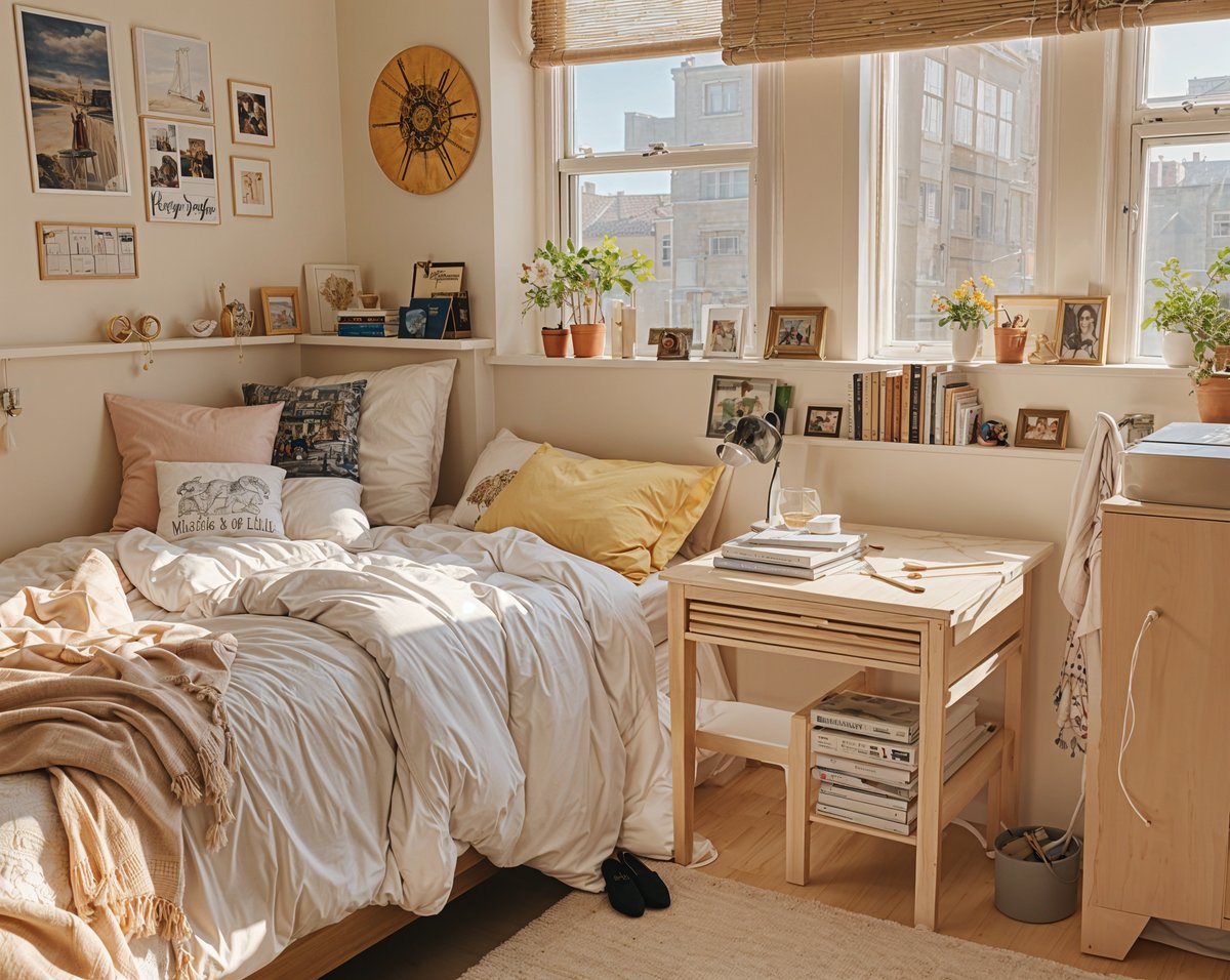 A cozy dorm room with a bed and a desk. The bed is covered in white sheets and has a yellow pillow. The desk is made of wood and has a lamp and a book on it.