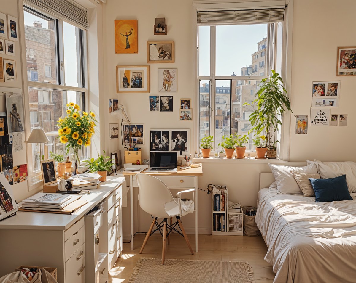 A small dorm room with a desk and a bed. The room is decorated with many pictures and has a laptop on the desk. There are also several potted plants and a vase of flowers in the room.