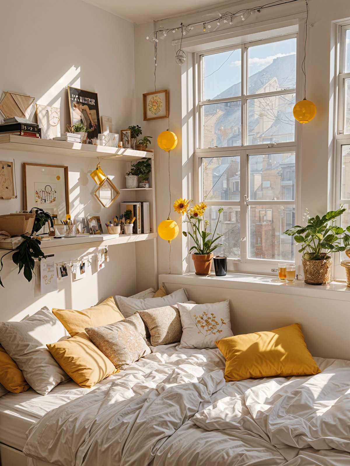 A dorm room with a bed, window, and various decorations. The bed is covered in yellow pillows and has a white comforter.