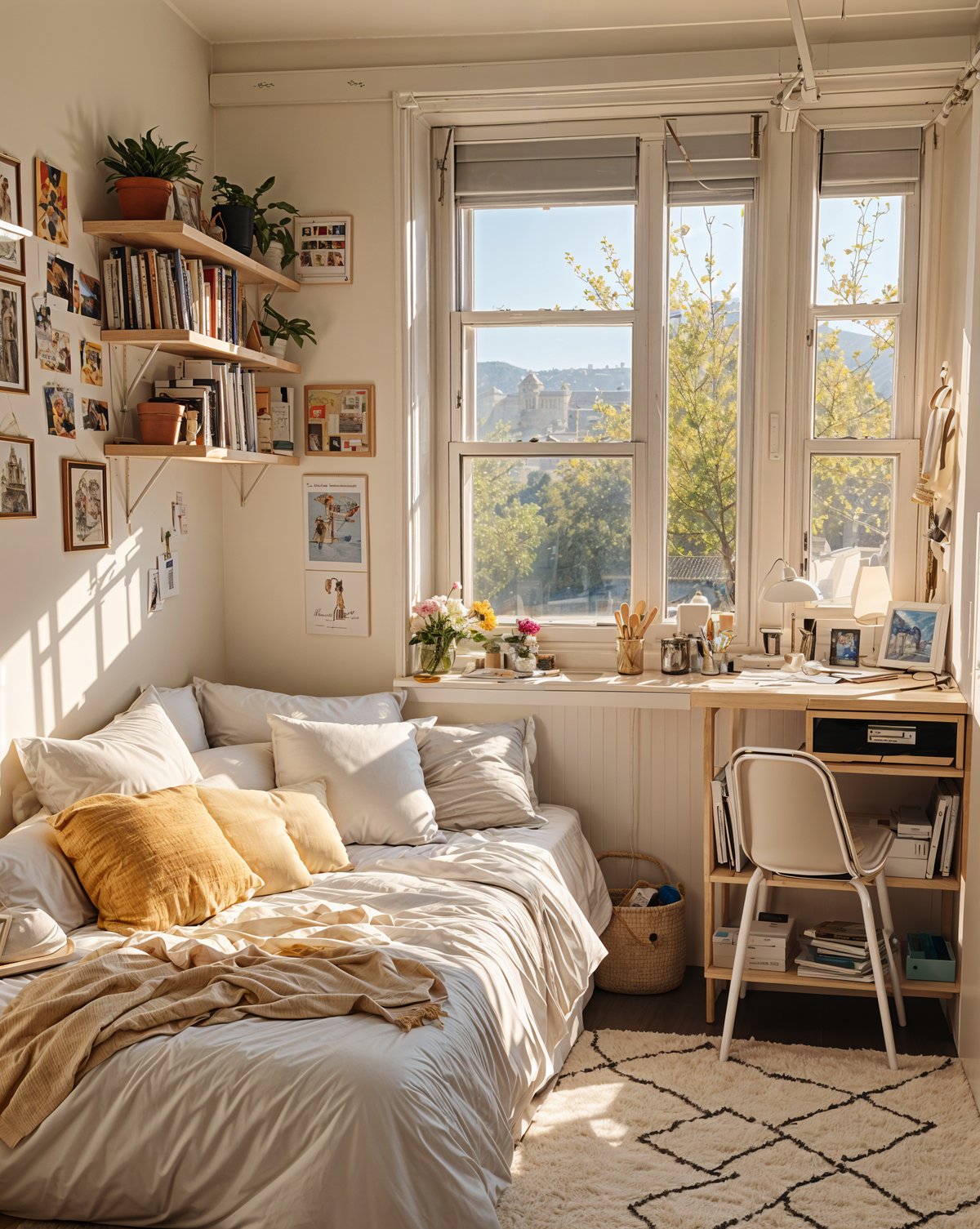 A cozy dorm room with a bed, chair, and bookshelf. The bed has a white comforter and is situated next to a large window. The room is decorated with various items such as potted plants, vases, and books.