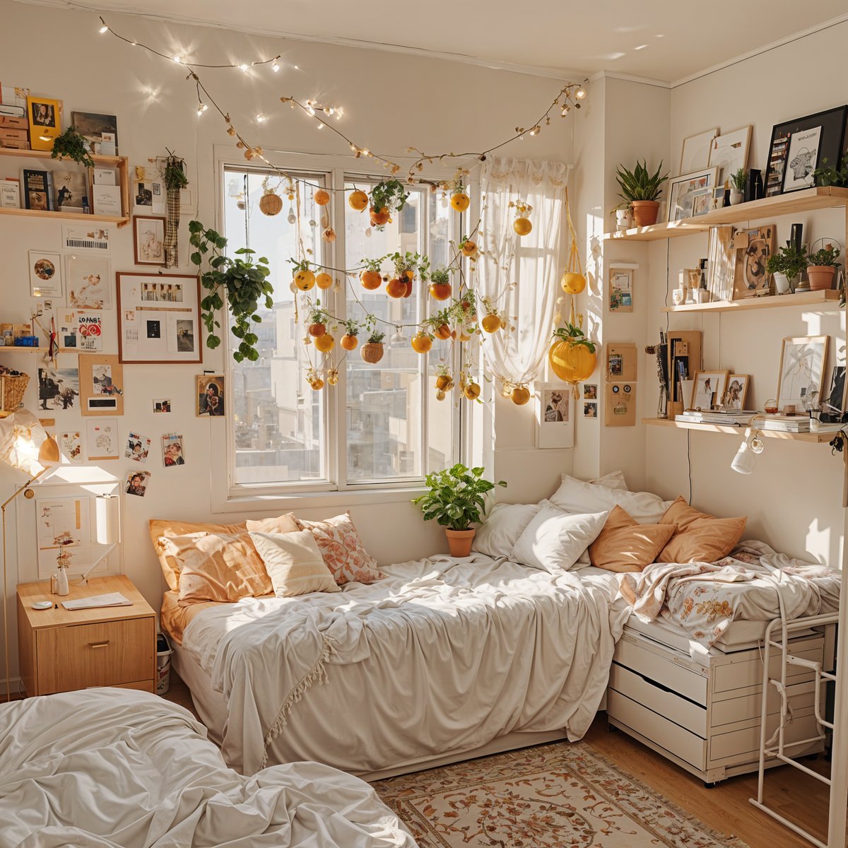 A cozy dorm room with a bed and a window. The room is decorated with a string of lights and potted plants. The bed is covered in a white comforter and has a white sheet. There are several pillows on the bed, including a pink pillow. The room also features a couch, a desk, and a book.