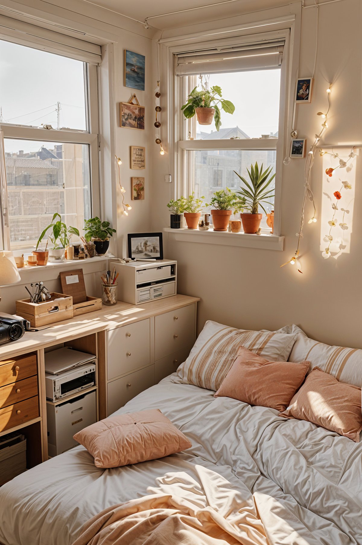 A cozy dorm room with a bed, desk, and windowsill full of potted plants. The room is decorated with a white color scheme and has a comfortable bed with pink pillows. The windowsill is adorned with various potted plants, adding a touch of greenery to the space. The desk area is equipped with a printer and a TV, making it a functional and inviting space for studying and relaxation.