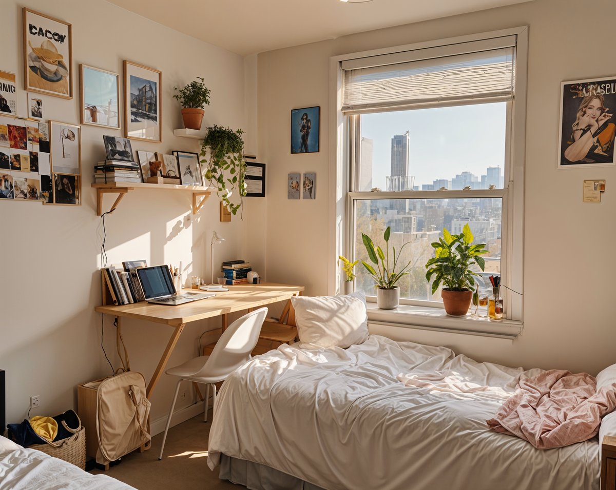 A cozy dorm room with a bed, desk, and window. The bed is covered in white sheets and has a white pillow. The desk has a laptop and a potted plant on it. The window has a view of the city, and there are several potted plants in the room.