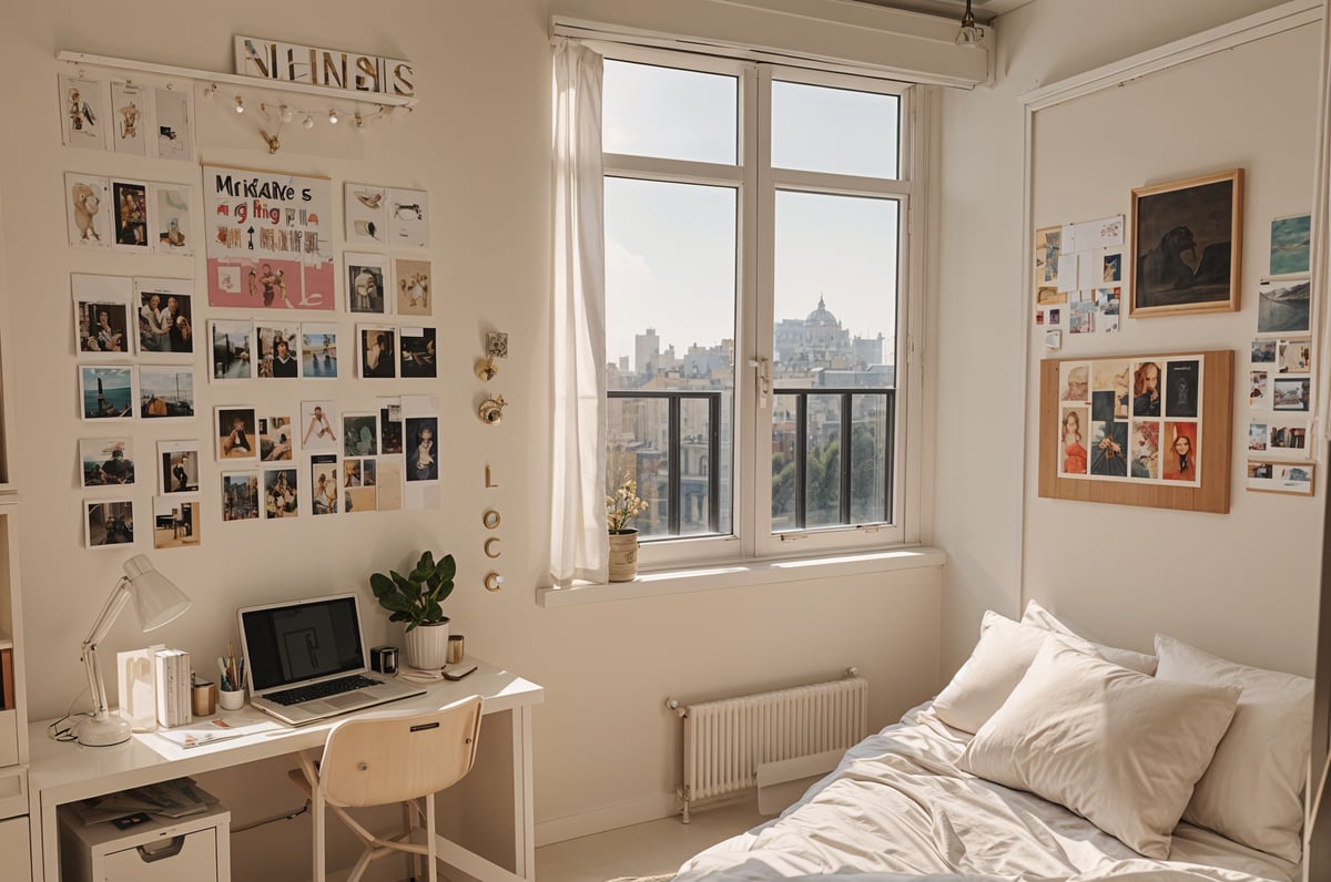 A bedroom with a bed, desk, and chair. The room has a large window with a view of the city. The room is decorated with pictures and a laptop on the desk.