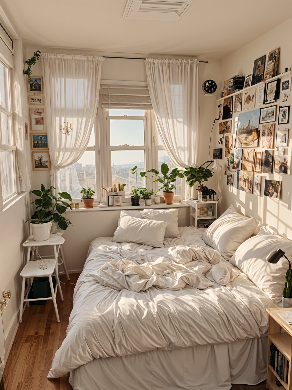 A dorm room with a large bed, a window, and a variety of plants. The bed is unmade and has white sheets and pillows. The room is decorated with many pictures and a clock on the wall.