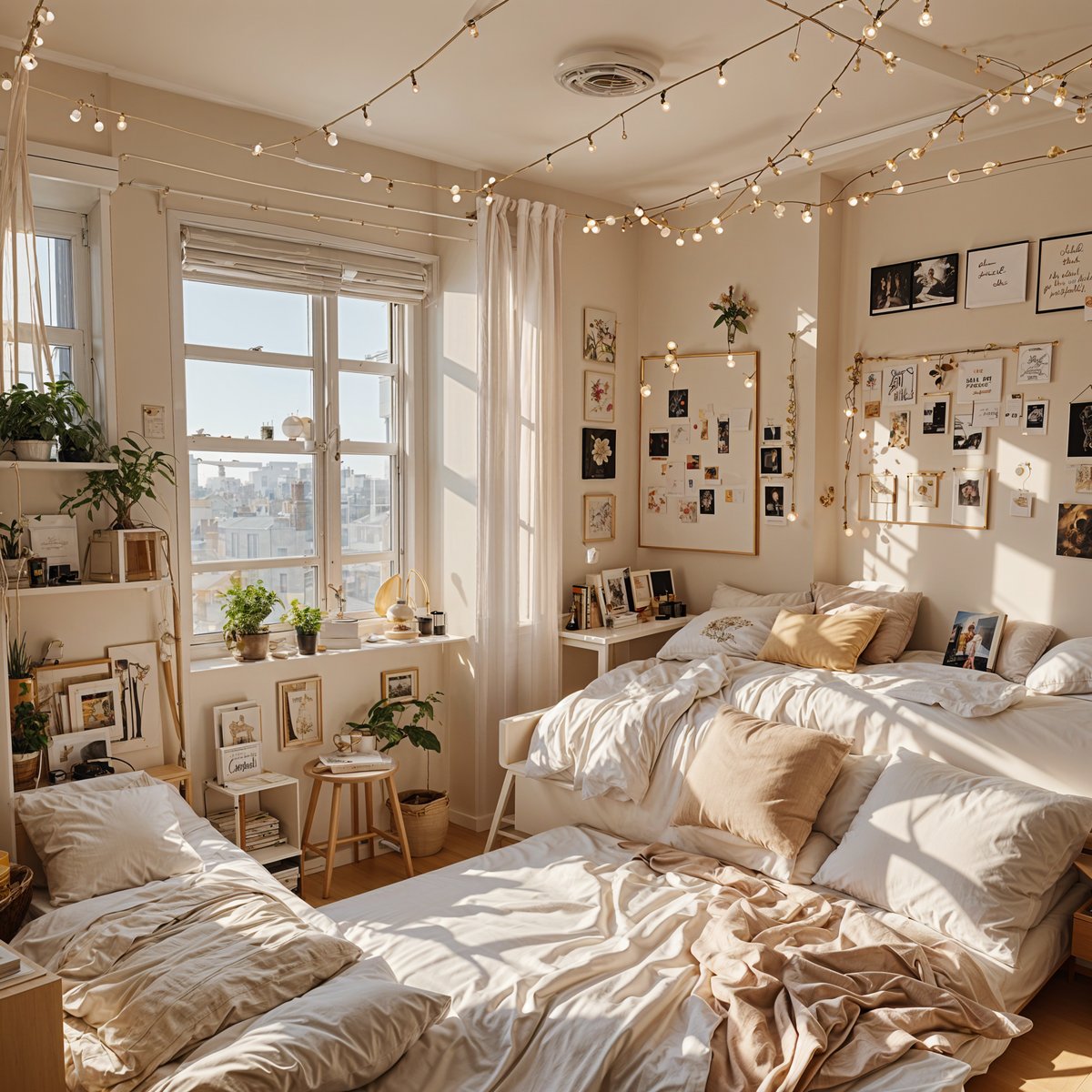 A cozy dorm room with a large bed, couch, and various decorative items.