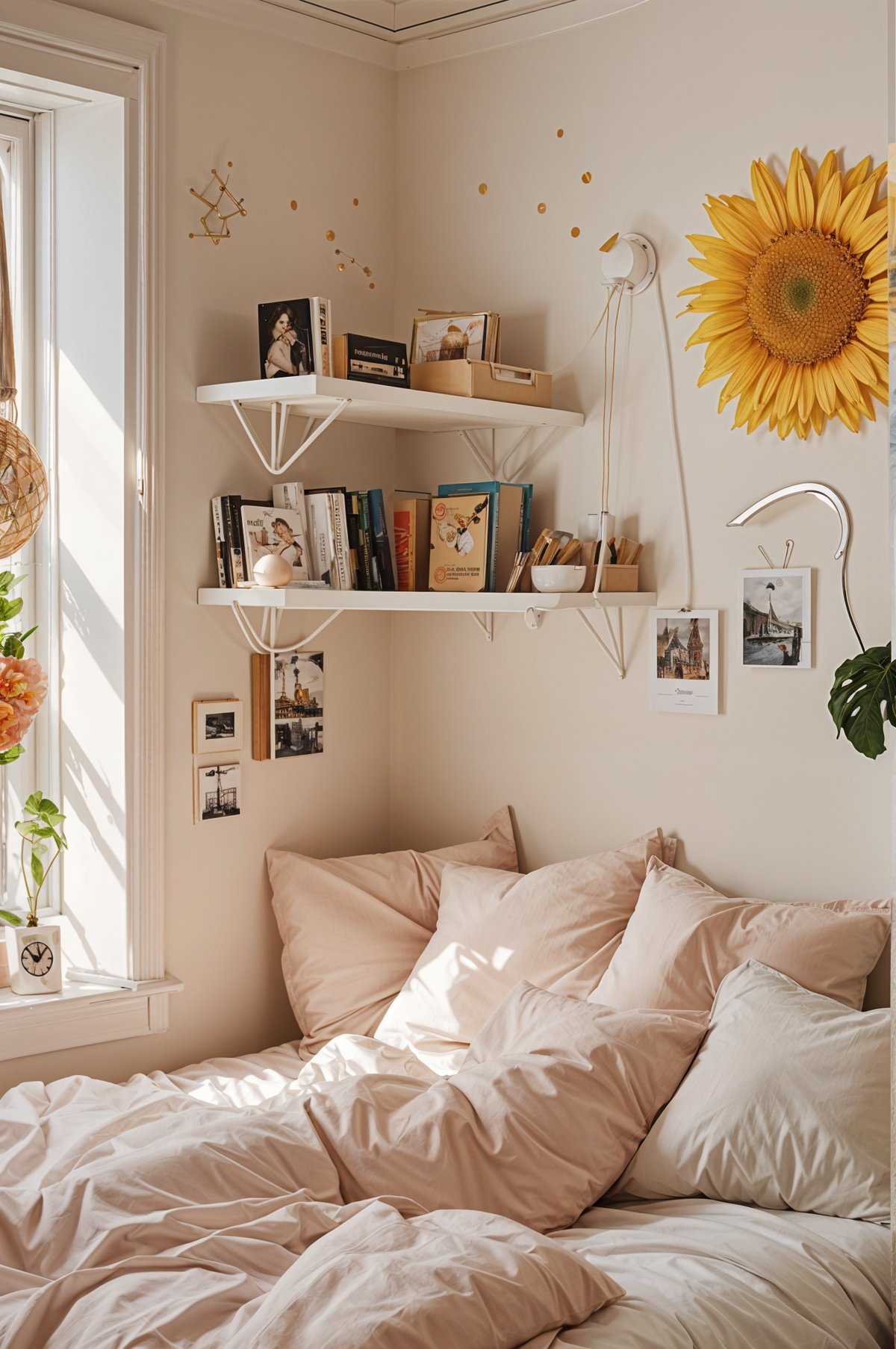 A dorm room with a bed, bookshelf, and sunflower decoration on the wall.