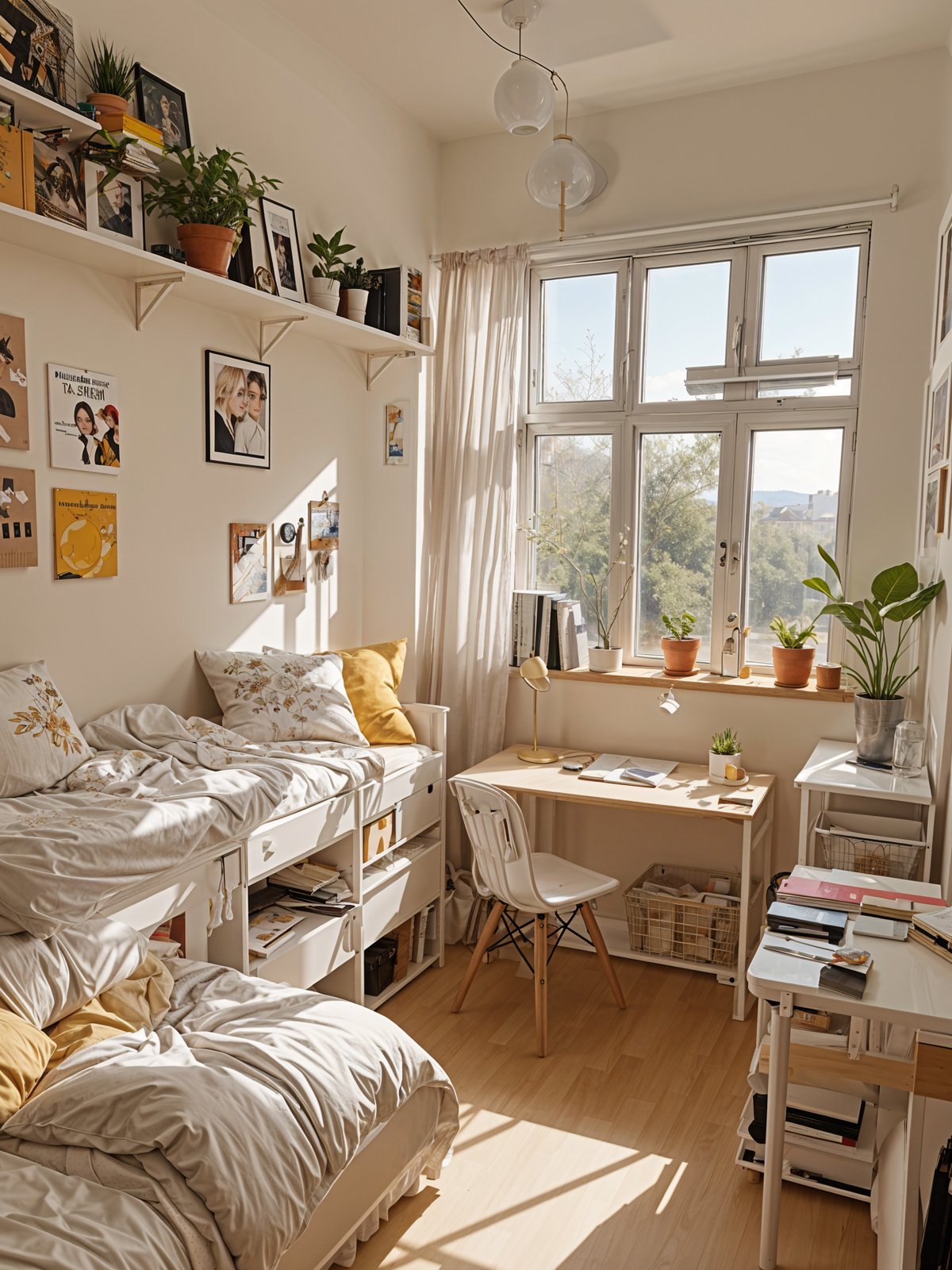 A bedroom with a bed, desk, and window. The room is decorated with potted plants and artwork, creating a comfortable and inviting atmosphere.