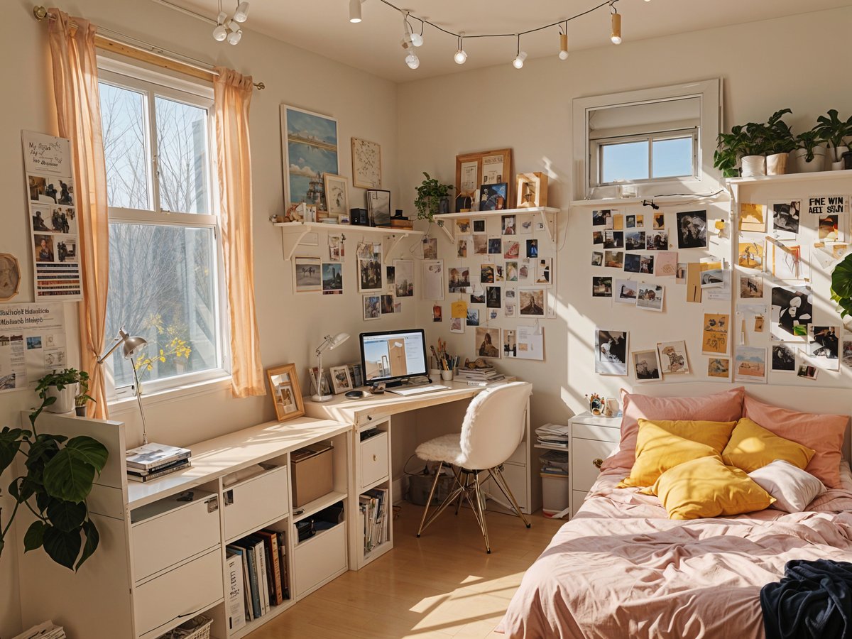 A dorm room with a bed, desk, and shelves. The room is decorated with many pictures and has a laptop on the desk. The bed is pink and has yellow pillows. The room is bright and sunny, with a window letting in natural light.