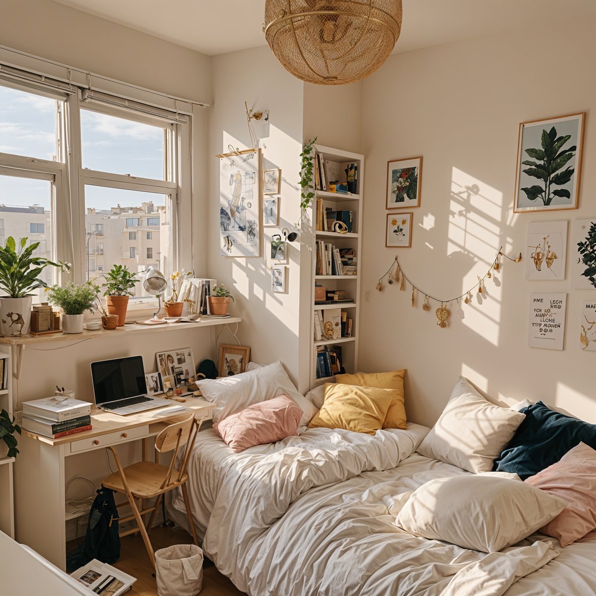 A cozy dorm room with a bed, desk, and various decorations. The room is filled with potted plants and pictures on the wall, creating a warm and inviting atmosphere.