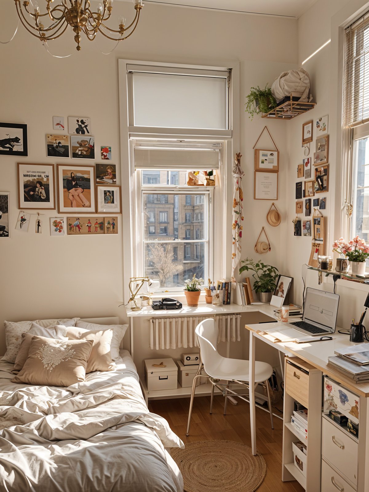 A bedroom with a bed, desk, and various decorations. The room is bright and sunny, with a window letting in natural light. The bed is neatly made, and there are several potted plants and vases throughout the room, adding a touch of greenery and decoration. A laptop is placed on the desk, indicating that the room is used for studying and work.