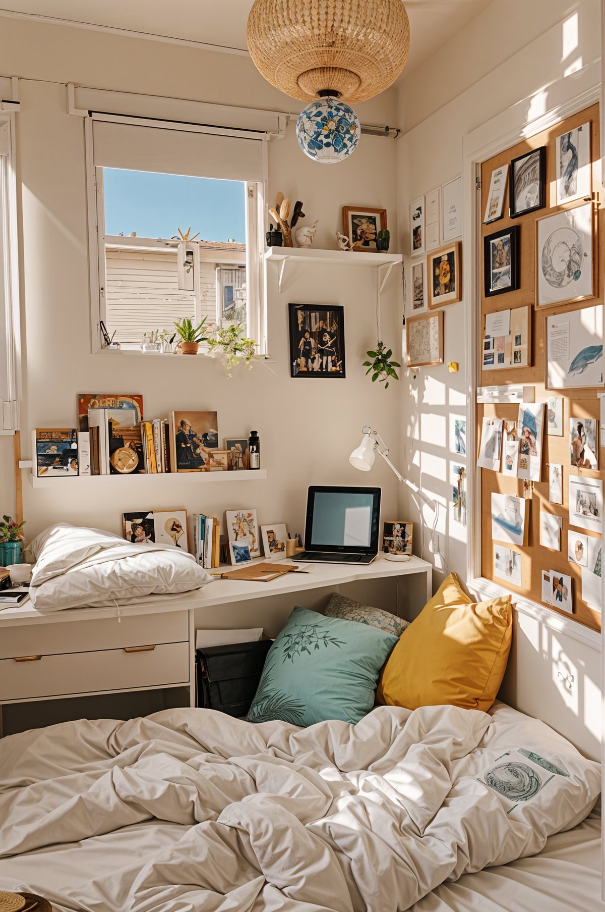 A cozy dorm room with a bed, desk, and shelves. The room is decorated with many pictures, books, and potted plants. A laptop is placed on the desk, and a window lets in natural light.