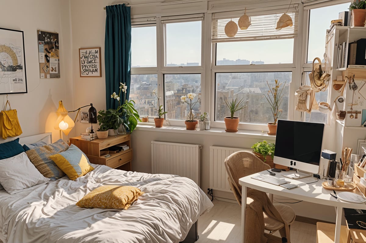 A bedroom with a bed, desk, and window overlooking the city. The room is decorated with potted plants and has a comfortable atmosphere.