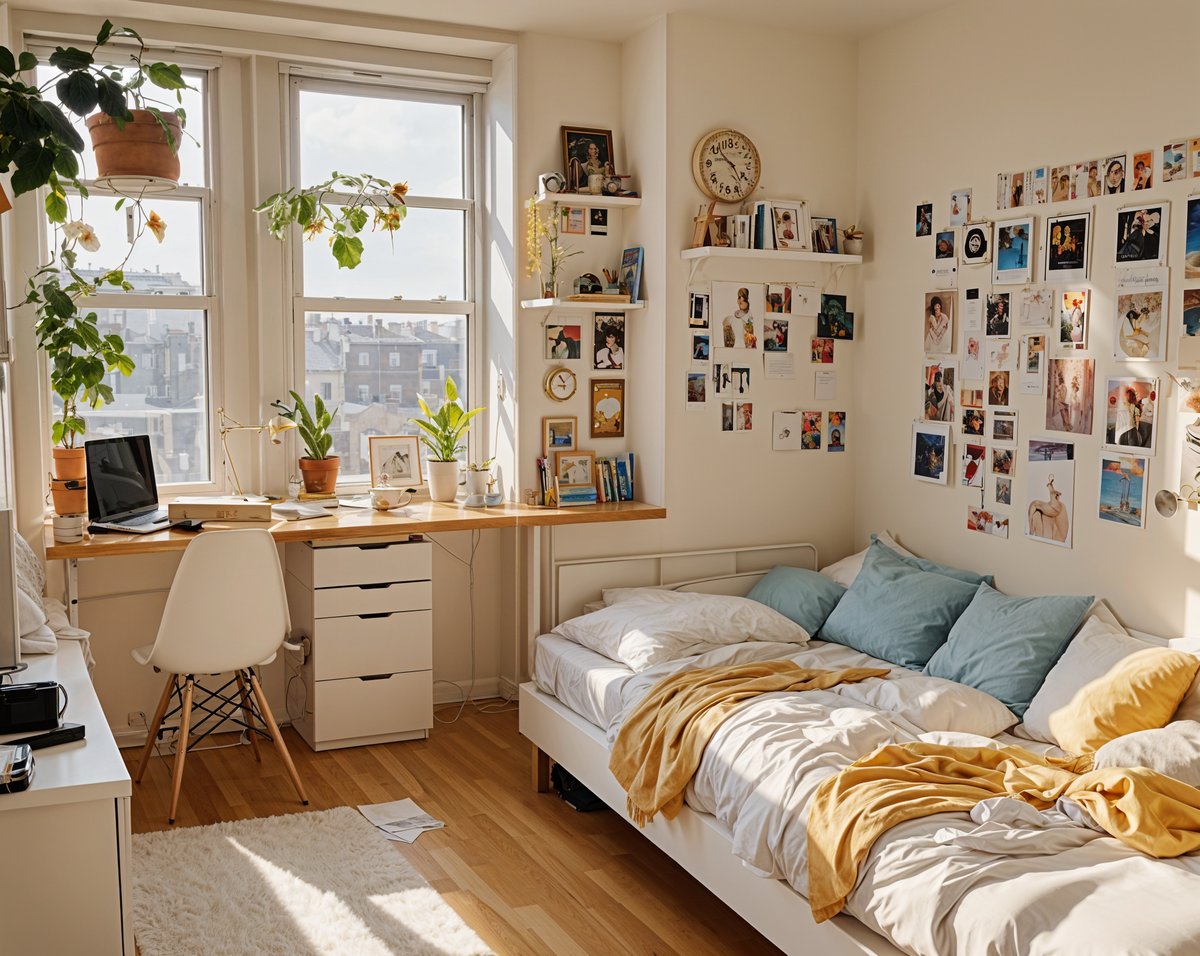 A cozy dorm room with a bed, desk, and various decorations. The room is filled with pictures and has a large window that allows natural light to fill the space.