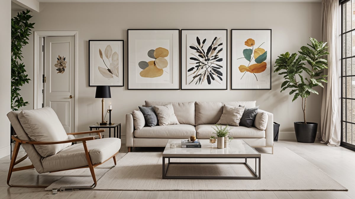 A living room with a white couch, three pictures on the wall, a coffee table with a plant, potted plants, and a vase.