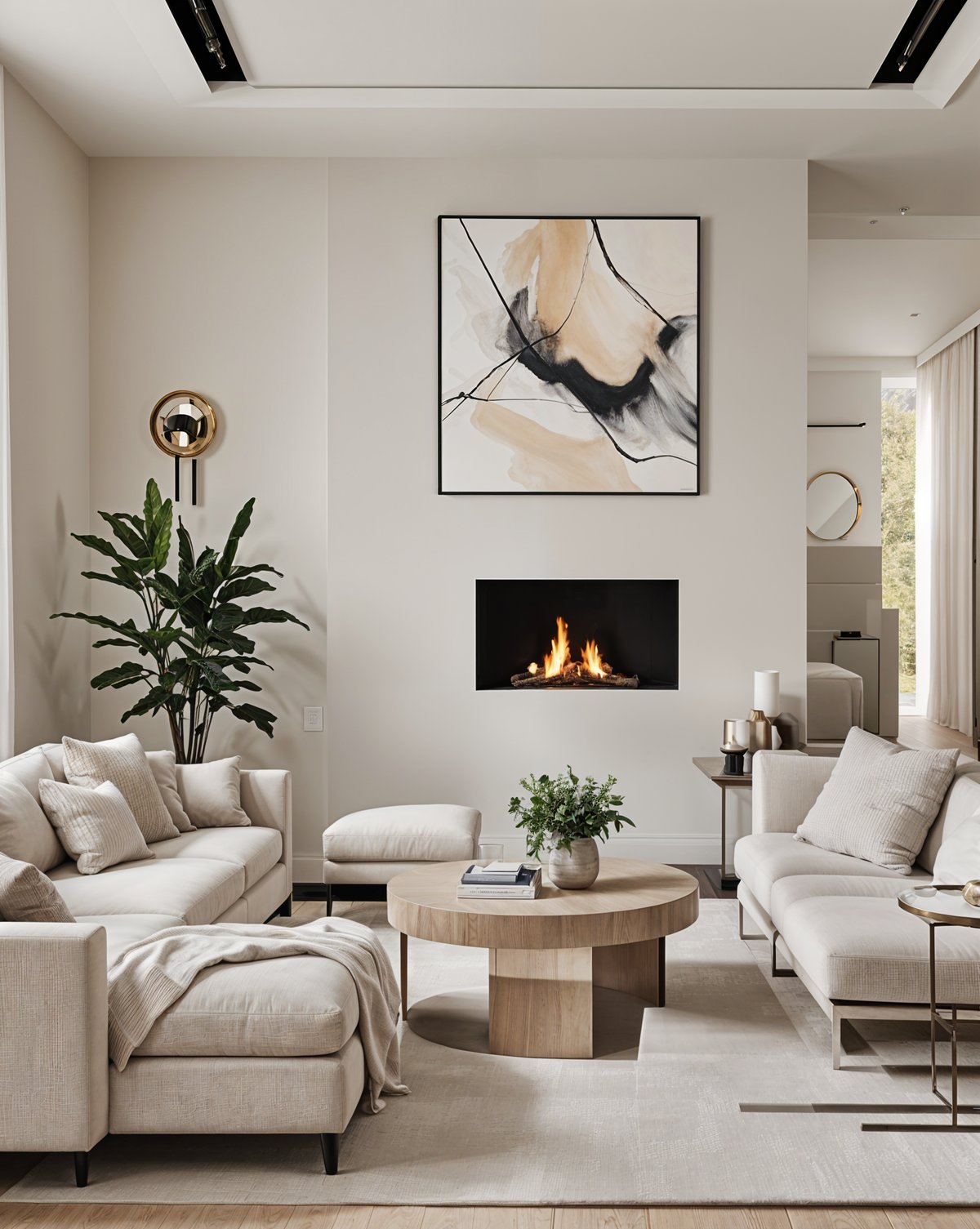 A living room with a fireplace, couches, and a coffee table. The room is decorated with a painting and a potted plant.