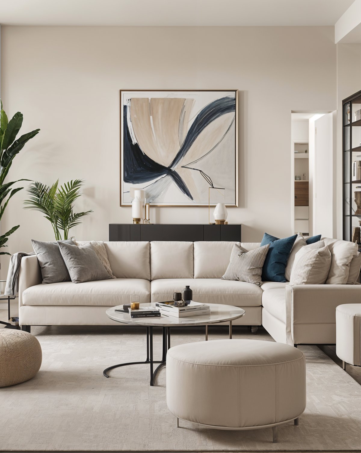 A contemporary living room with a large white couch, coffee table, and artwork on the wall.