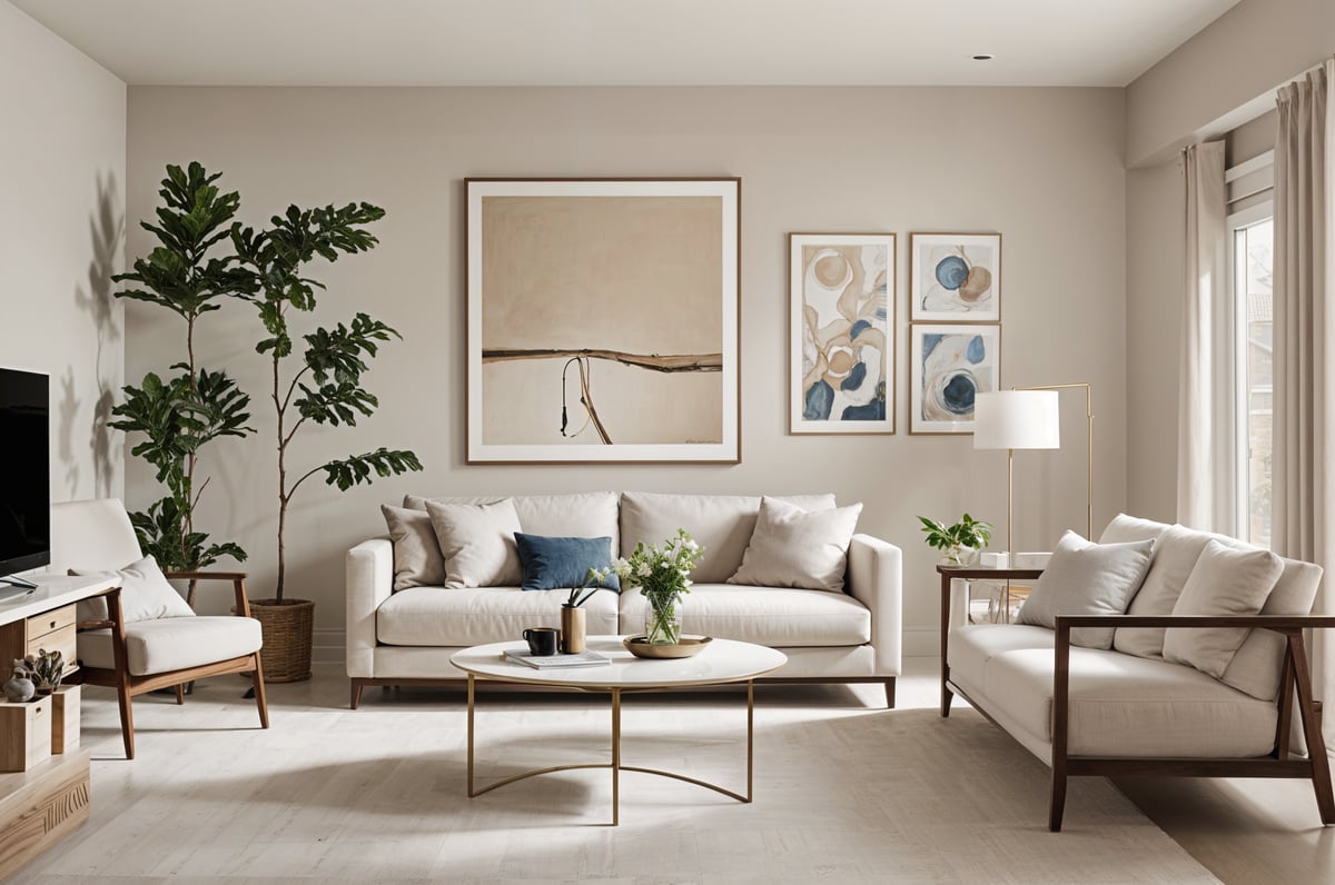 A contemporary living room with a large white couch, coffee table, and pictures hanging on the wall.