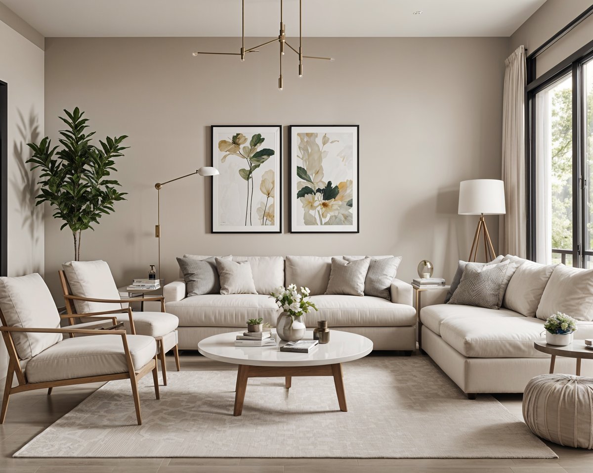 Contemporary living room with white couch and chairs