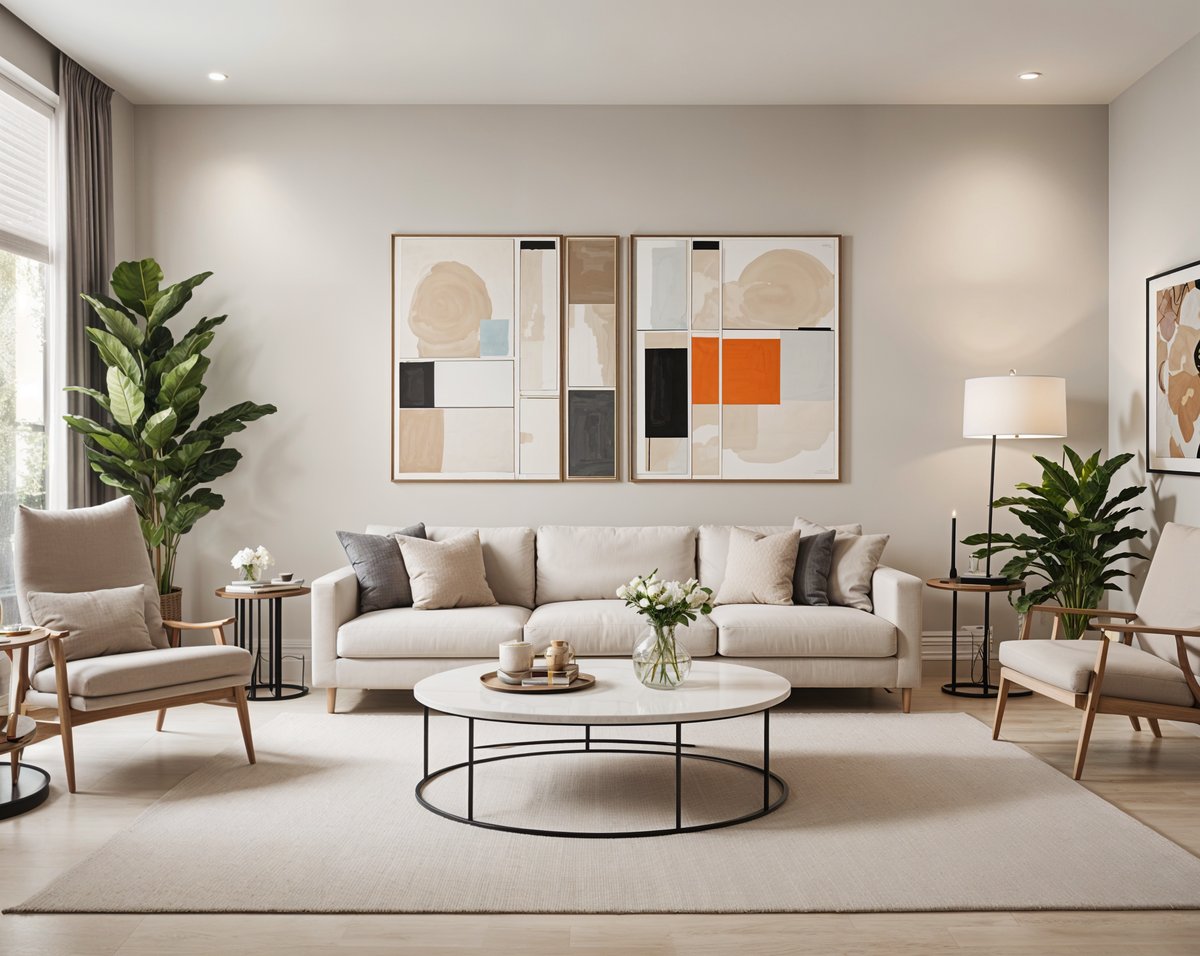 A living room with a large white couch, a round coffee table, and a large painting on the wall. The room is decorated with potted plants and vases.