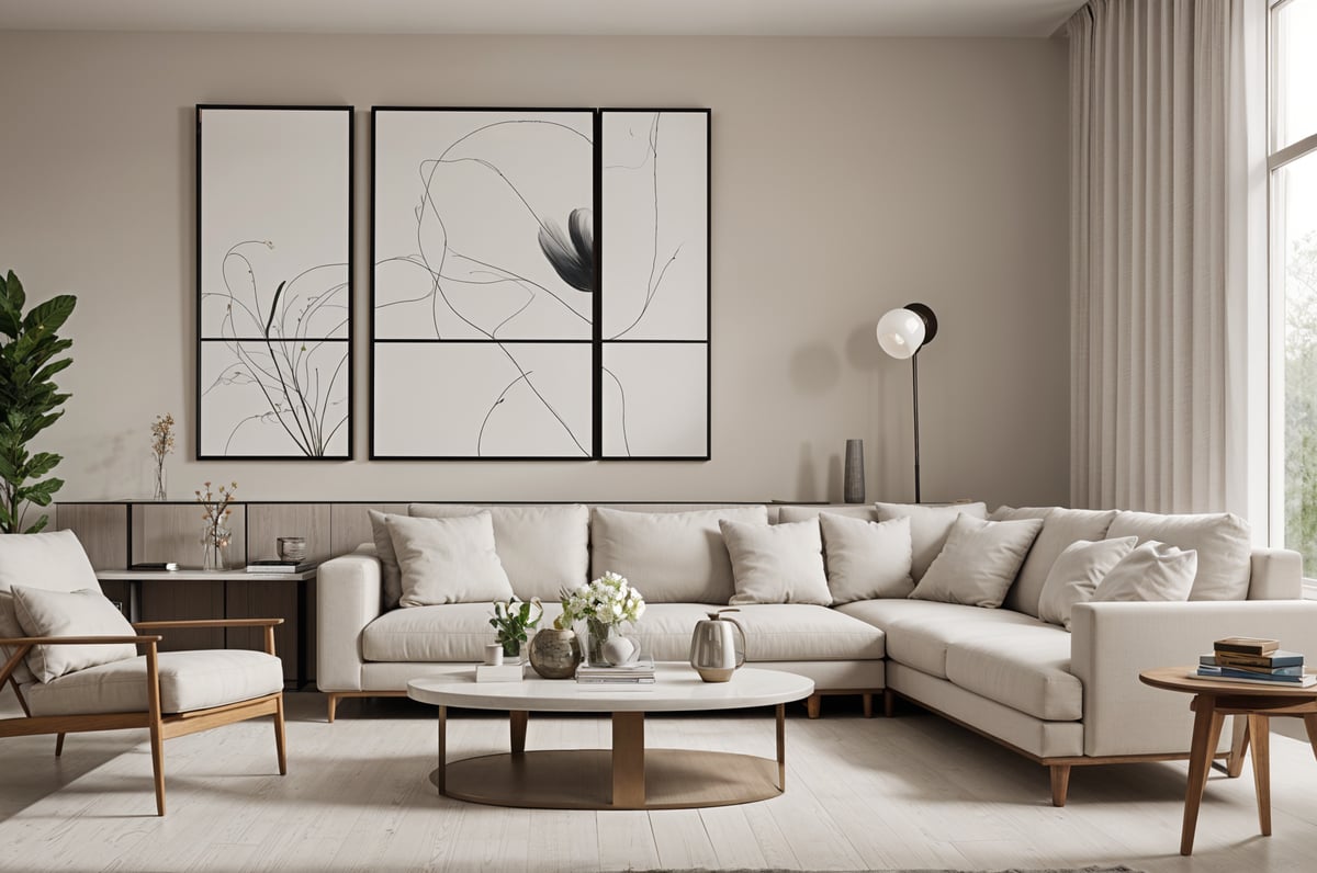 A contemporary living room with white furniture and a large painting on the wall. The room is well decorated with a coffee table and a vase of flowers. The couches are arranged in a way that creates a comfortable and inviting atmosphere.