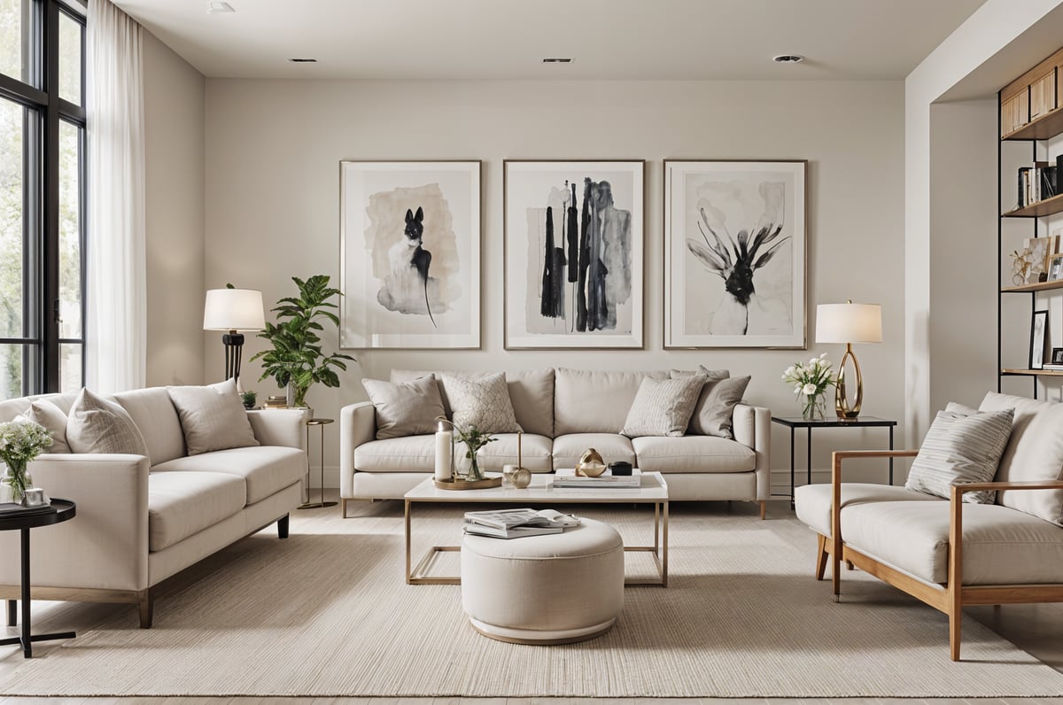 A white couch with a round ottoman and three pictures on the wall in a contemporary living room.