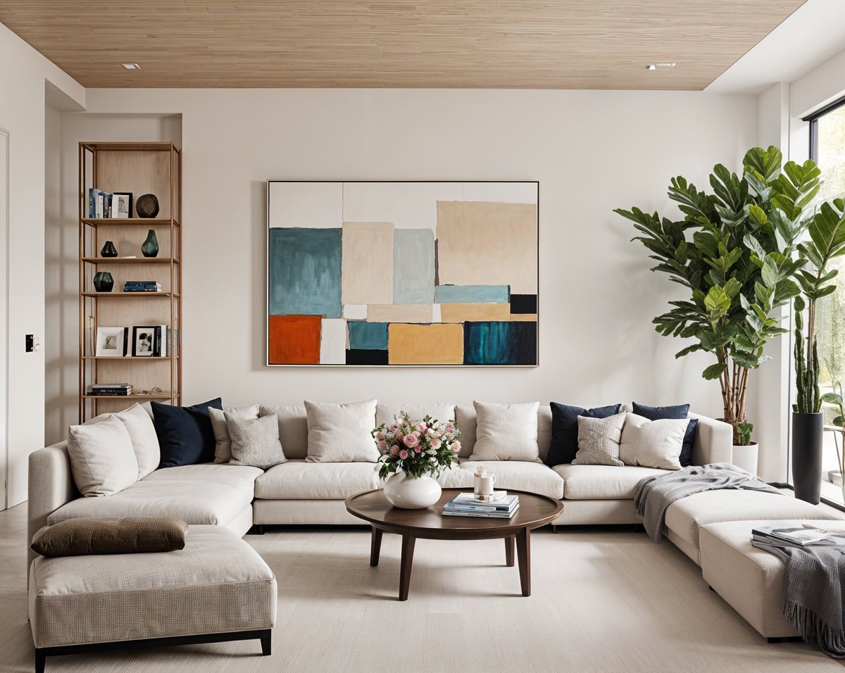 A contemporary living room with a large painting on the wall and a white couch. The room has a clean and modern design with a large window that allows for plenty of natural light. The couch is positioned in front of the painting, creating a focal point in the room. The room also features a bookshelf with several books and a potted plant that adds a touch of greenery to the space.