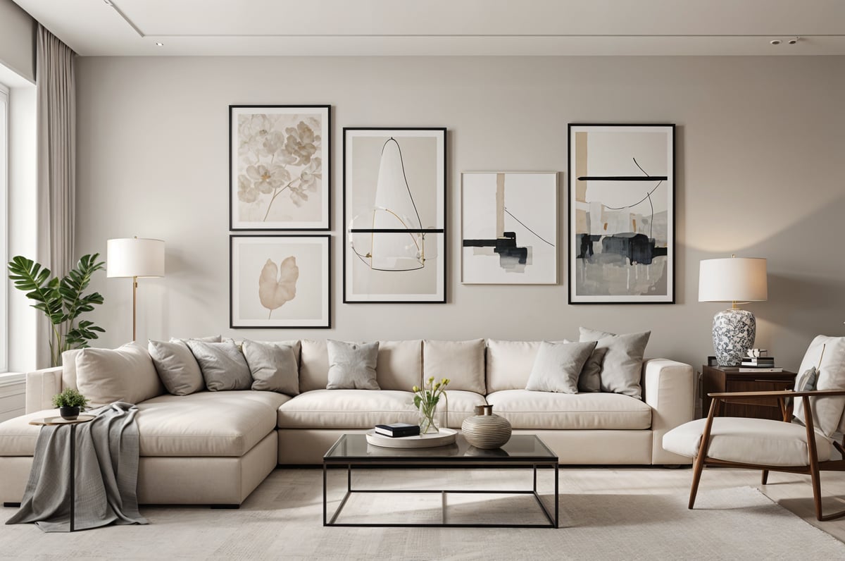 A contemporary living room with a large white couch, a coffee table, and a collection of artwork on the wall.