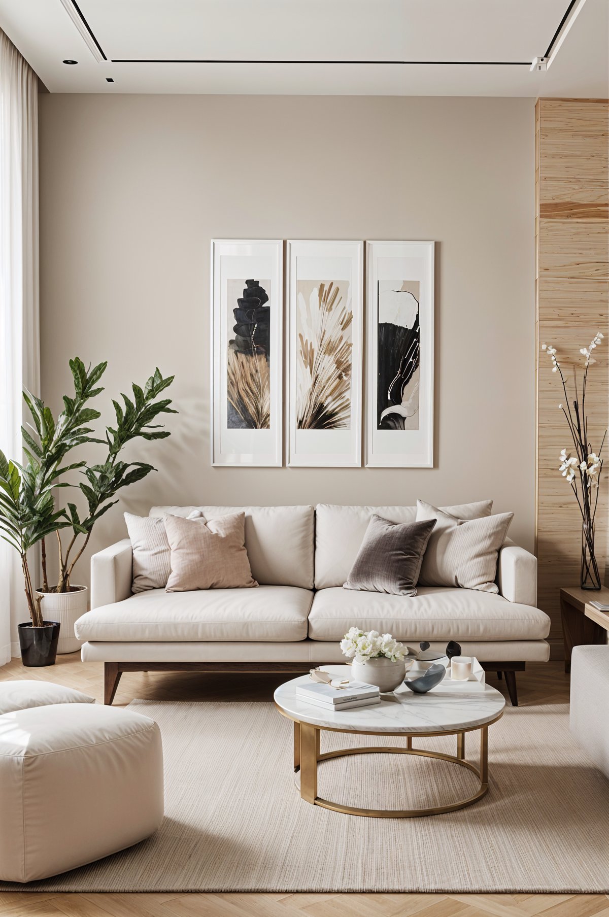 A contemporary living room with a white couch, pillows, and two pictures hanging above it. The room also includes a potted plant and a vase with flowers.