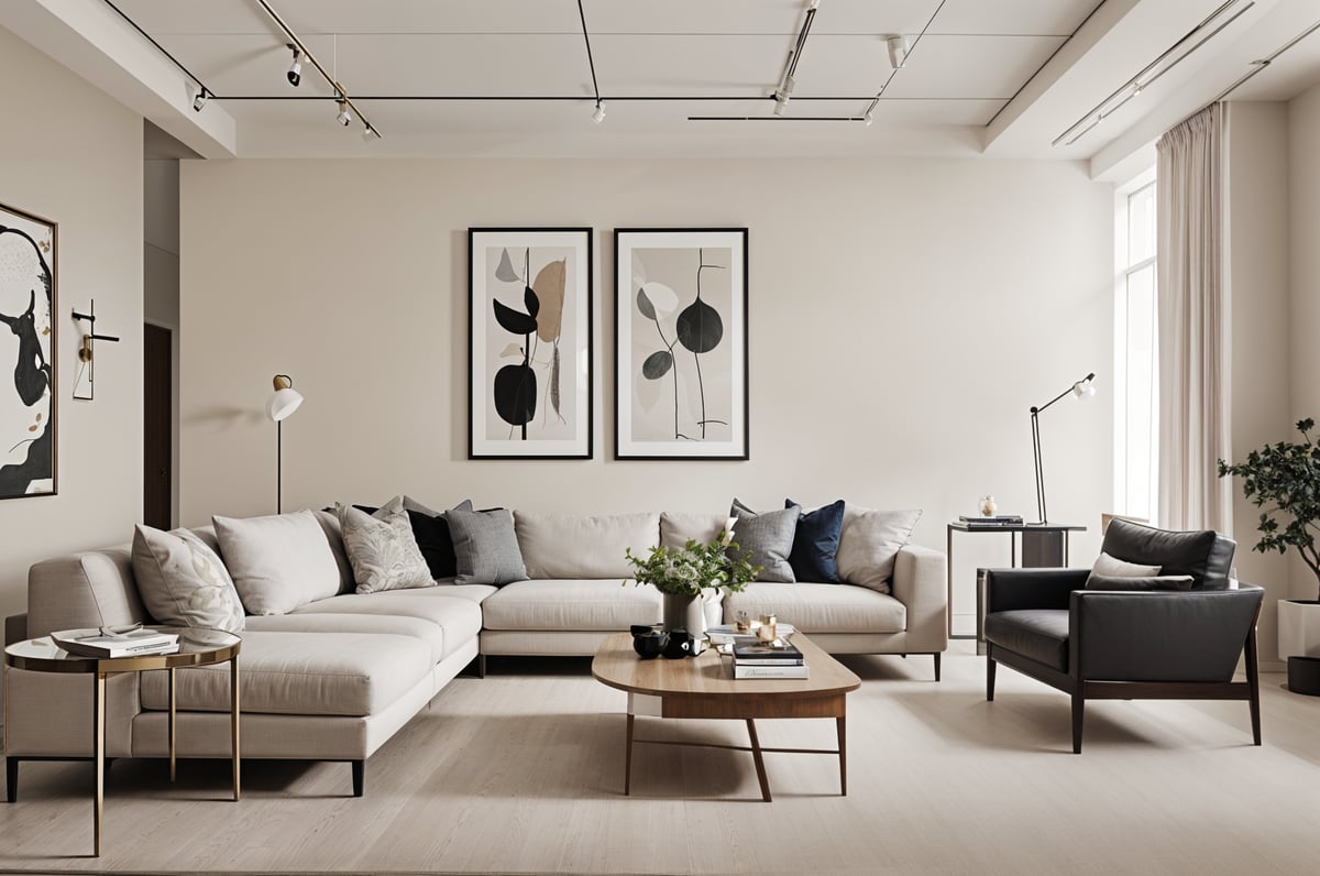 A living room with two couches, a coffee table, and artwork on the wall. The room is decorated in neutral colors and features a rug on the floor.