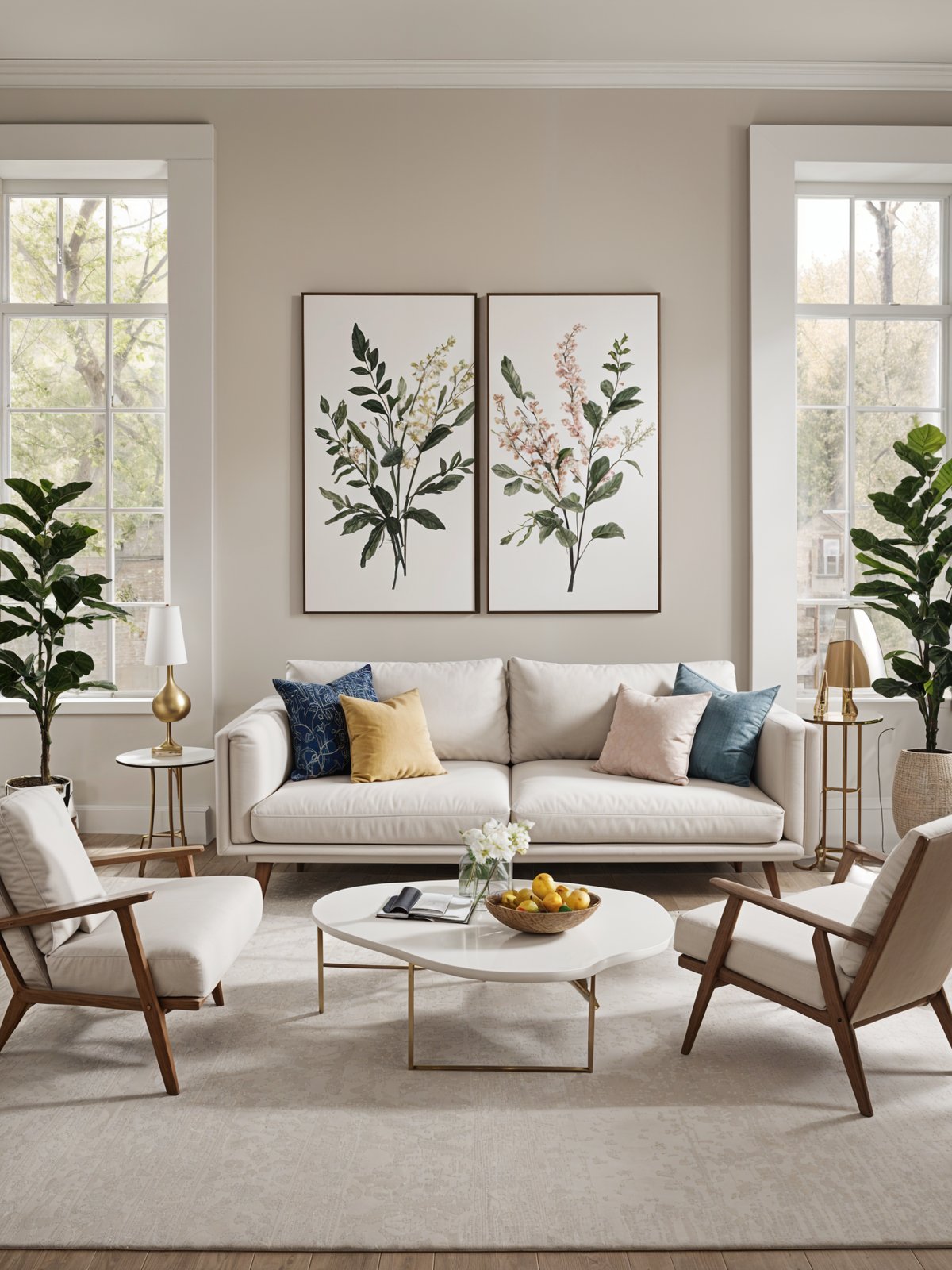 Contemporary living room with couch, chairs, and paintings of flowers