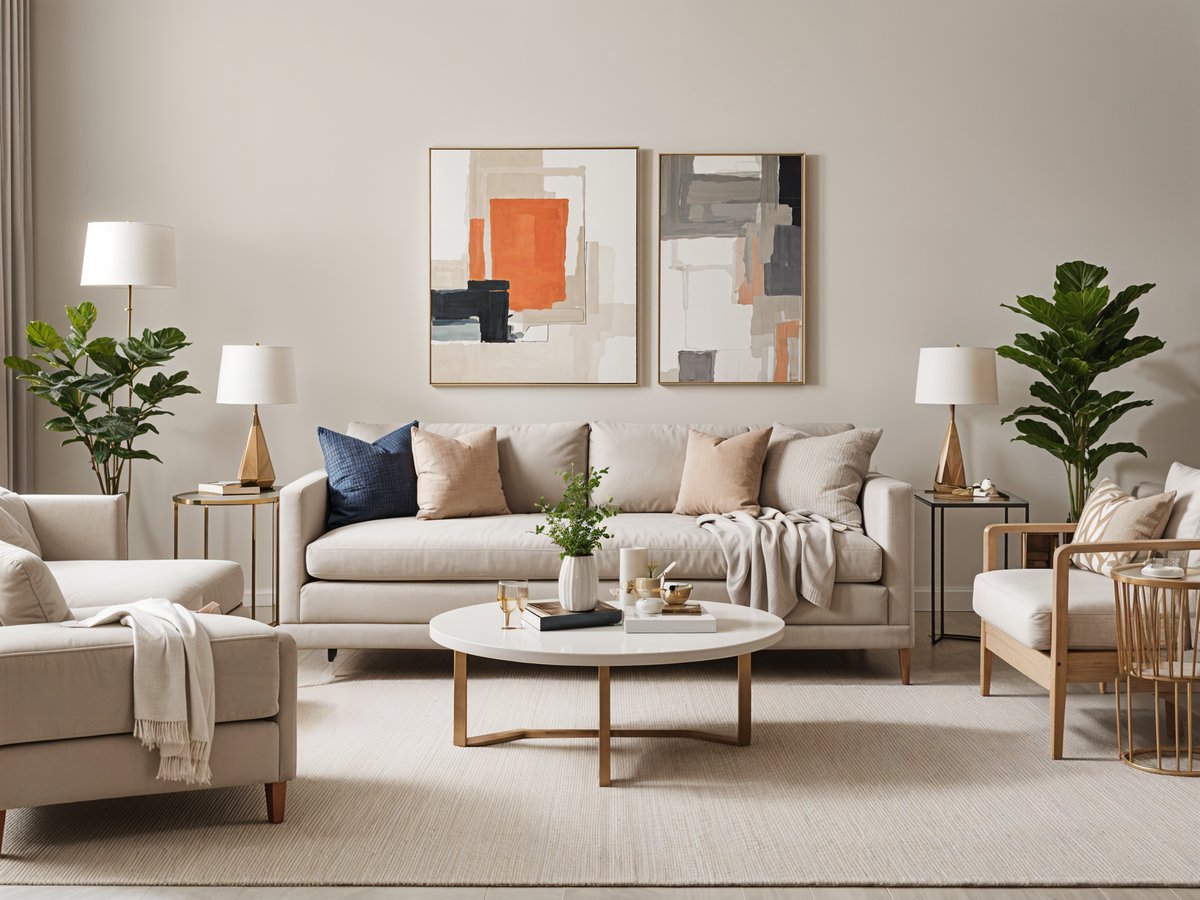 A contemporary living room with a white couch, a coffee table, and two paintings on the wall. The room is decorated with pink and white pillows, a vase of flowers, and two potted plants.