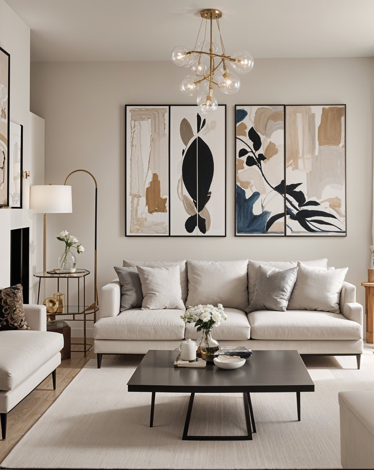 A contemporary living room with a couch, coffee table, and paintings on the wall.