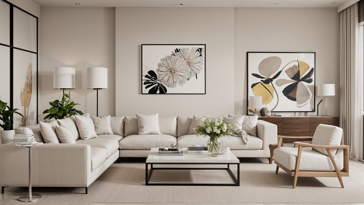 A contemporary living room with a white couch, coffee table, and two pictures hanging on the wall. A vase of flowers adds a touch of elegance to the space.