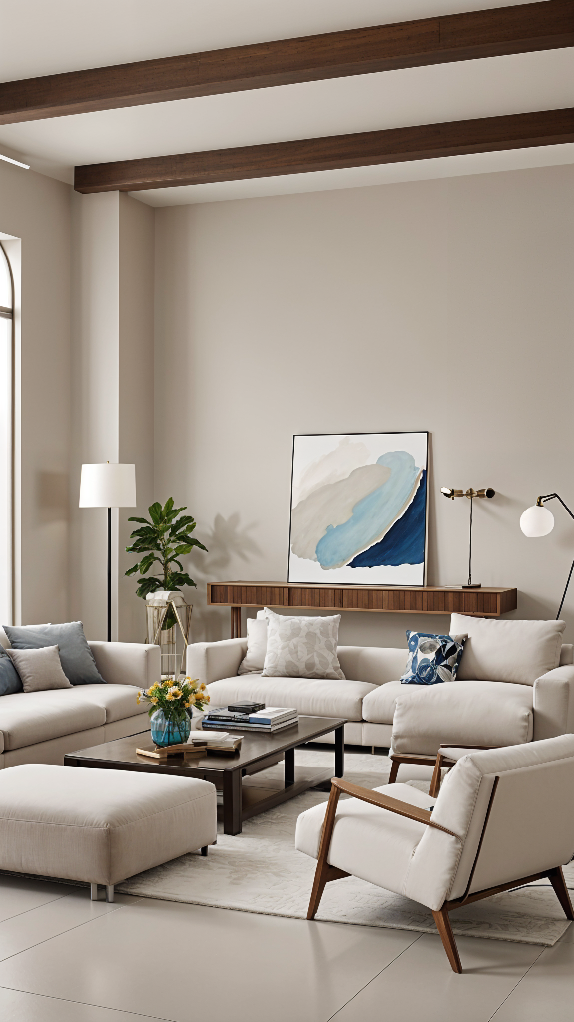 A living room with a white couch, a painting on the wall, and a vase of flowers. The room is decorated in a contemporary style.