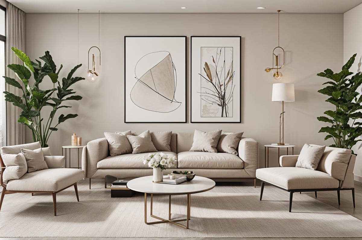 A contemporary living room with two couches, a coffee table, a lamp, and a potted plant. The walls are adorned with two pictures, and there are several books scattered throughout the space.